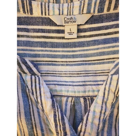 Croft & Barrow Linen Blend Blue Striped Roll Tab Henley Top 2 Patch Pockets L - Picture 6 of 7